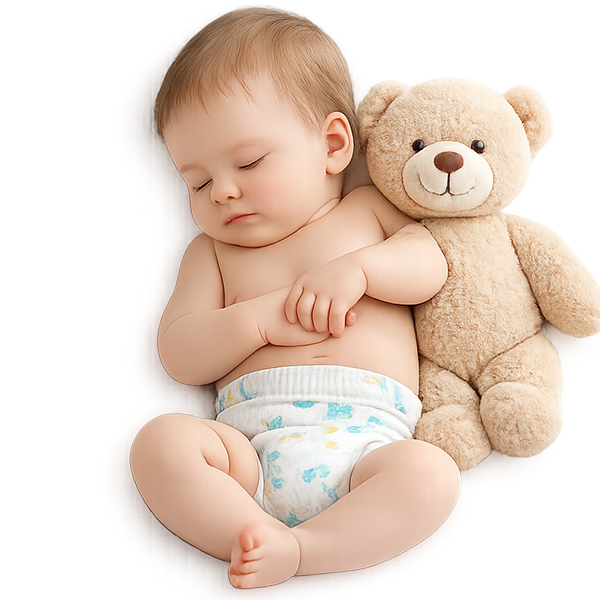 Schlafendes Baby kuschelt mit einem Teddybären